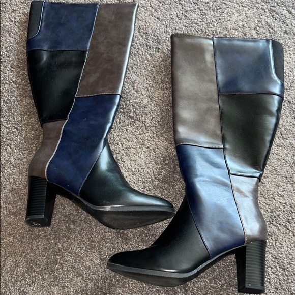 Colorblock Knee-High Boots 7 1/2 Wide-Calf, like brand new! Black,Gray & Navy - Picture 1 of 6